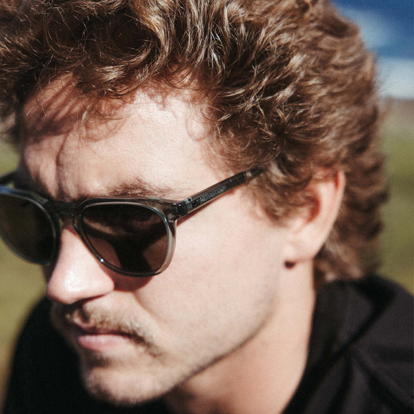 Man wearing crystal blue sunglasses looking to the side