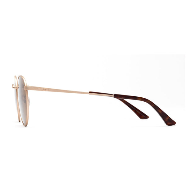 Gold wire frame sunglasses with brown temple tips