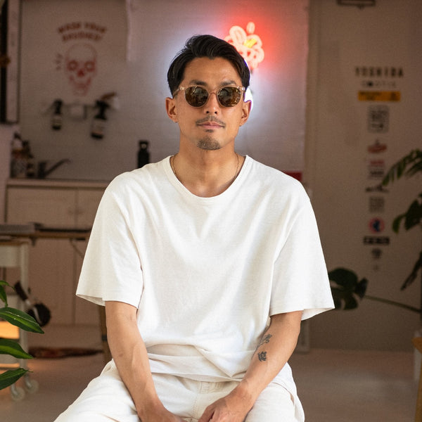Kentaro Yoshida wearing crystal sunglasses and a white shirt and pants