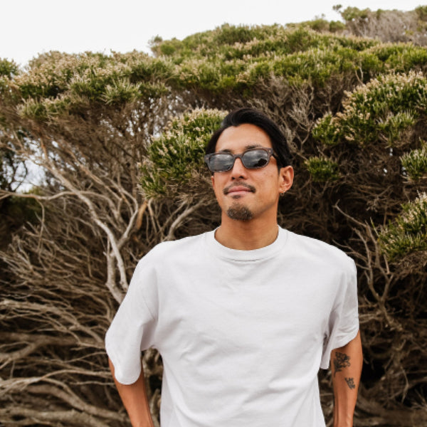 Artist Kentaro Yoshida smiling and wearing ethical sunglasses